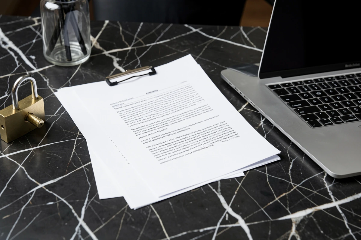 Legal papers and lock on a dark marble desk