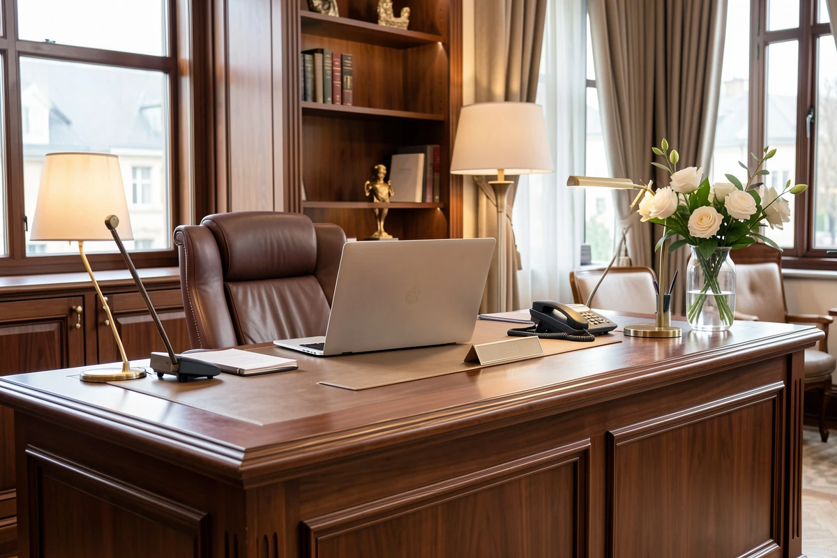 Elegant concierge-style support desk with laptop and phone