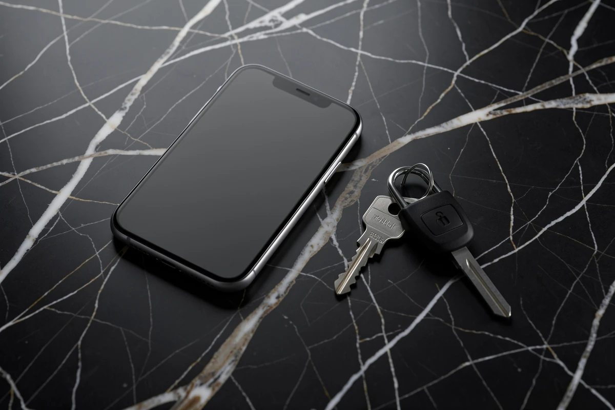 Locked phone and key on a dark marble desk