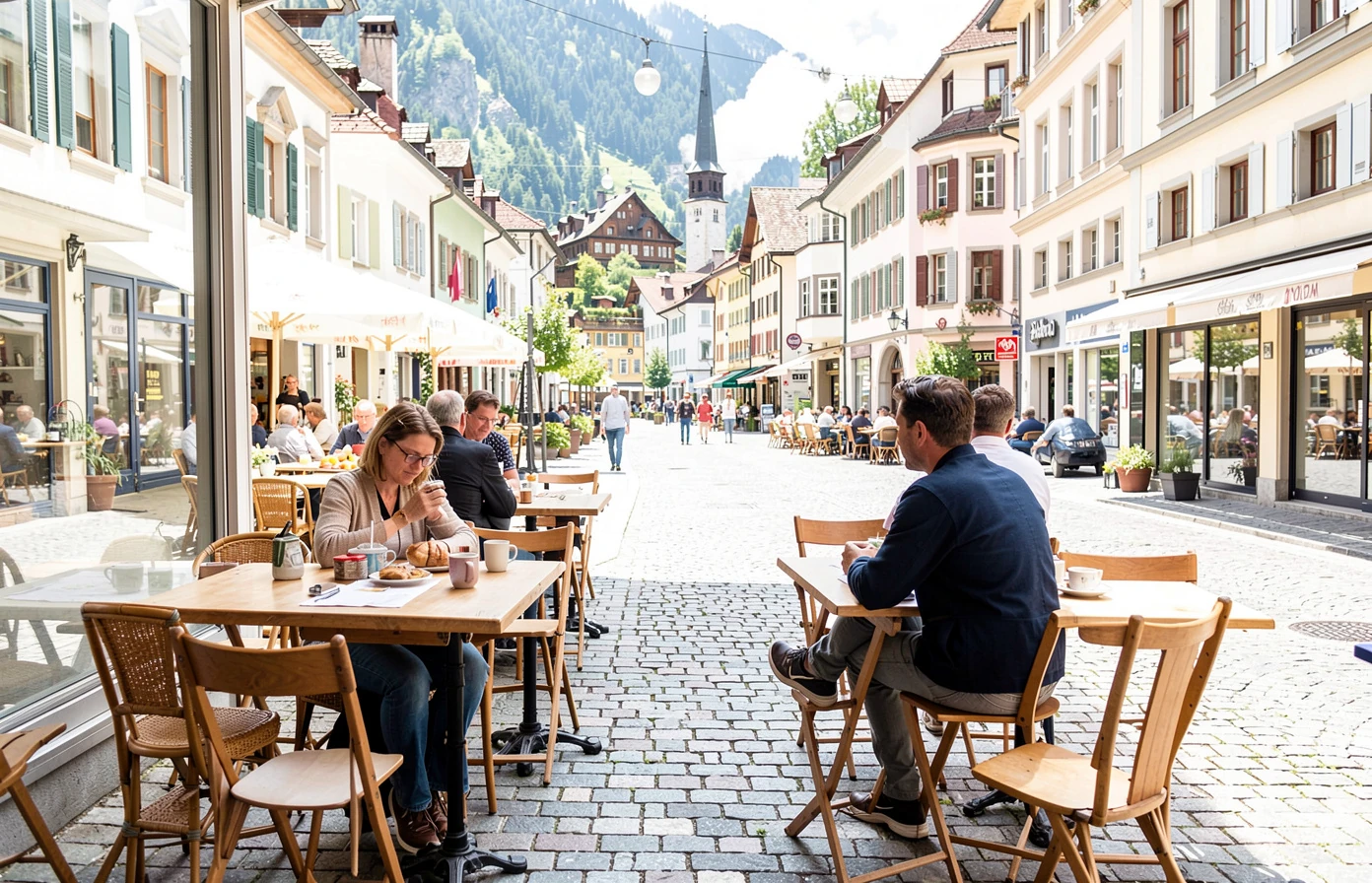 Bright public cafe meeting with clear personal space