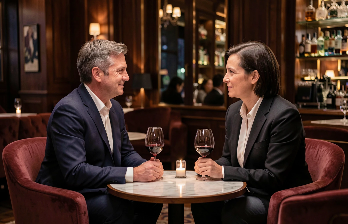 Two adults talking in a high-end cocktail lounge