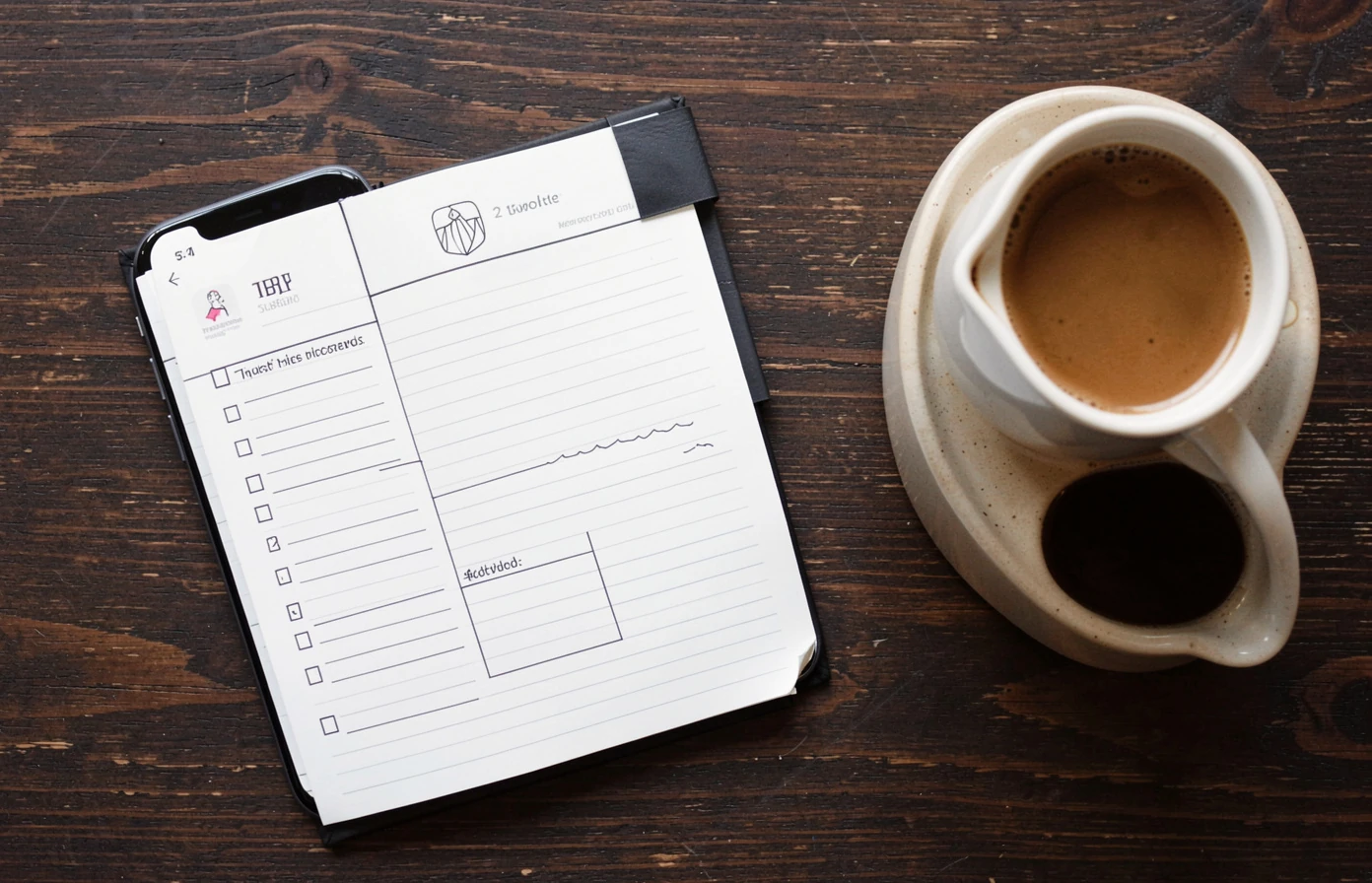 Checklist notebook beside a phone on a dark desk