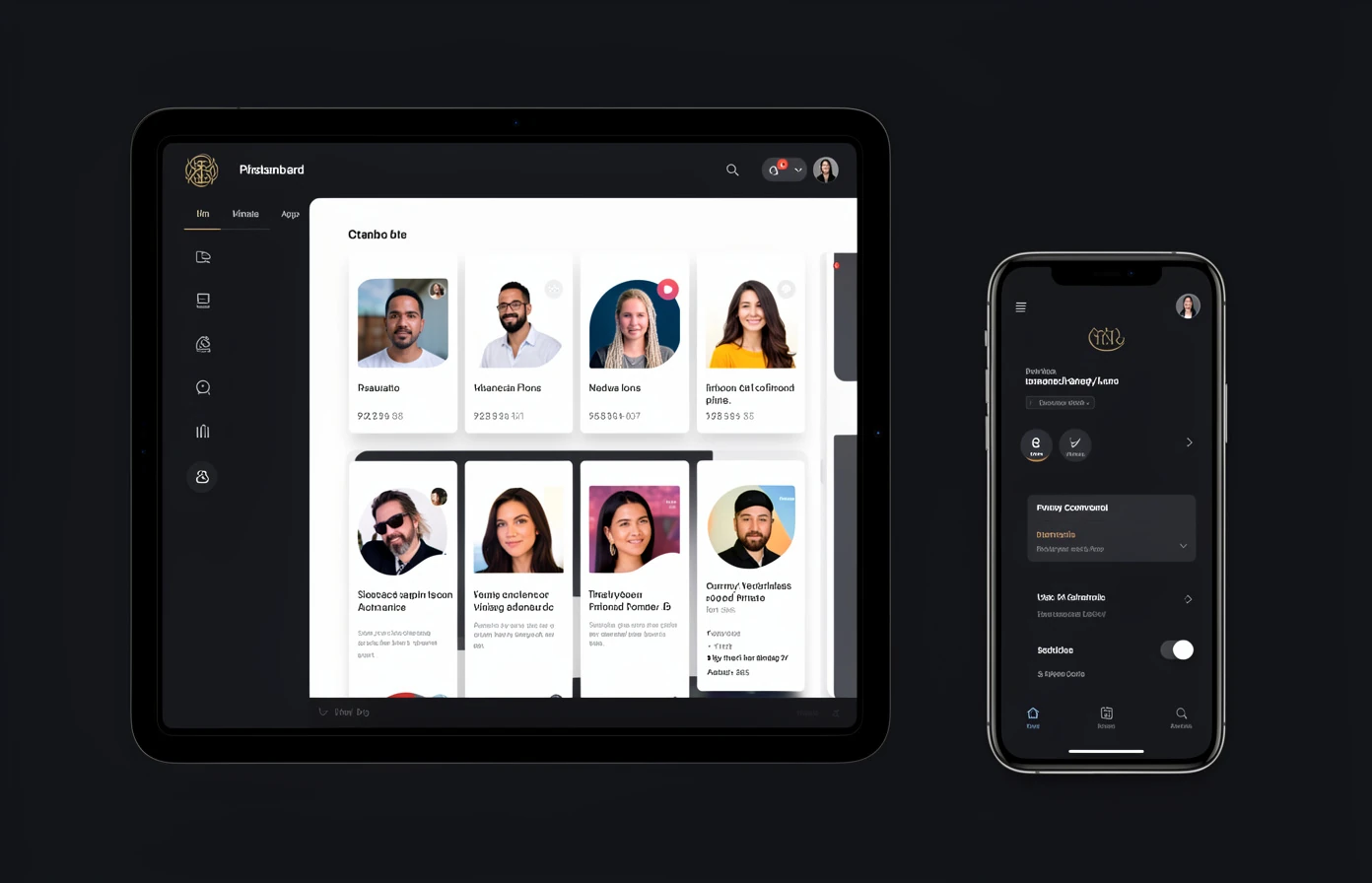 Premium dark dashboard with profile cards on tablet and phone