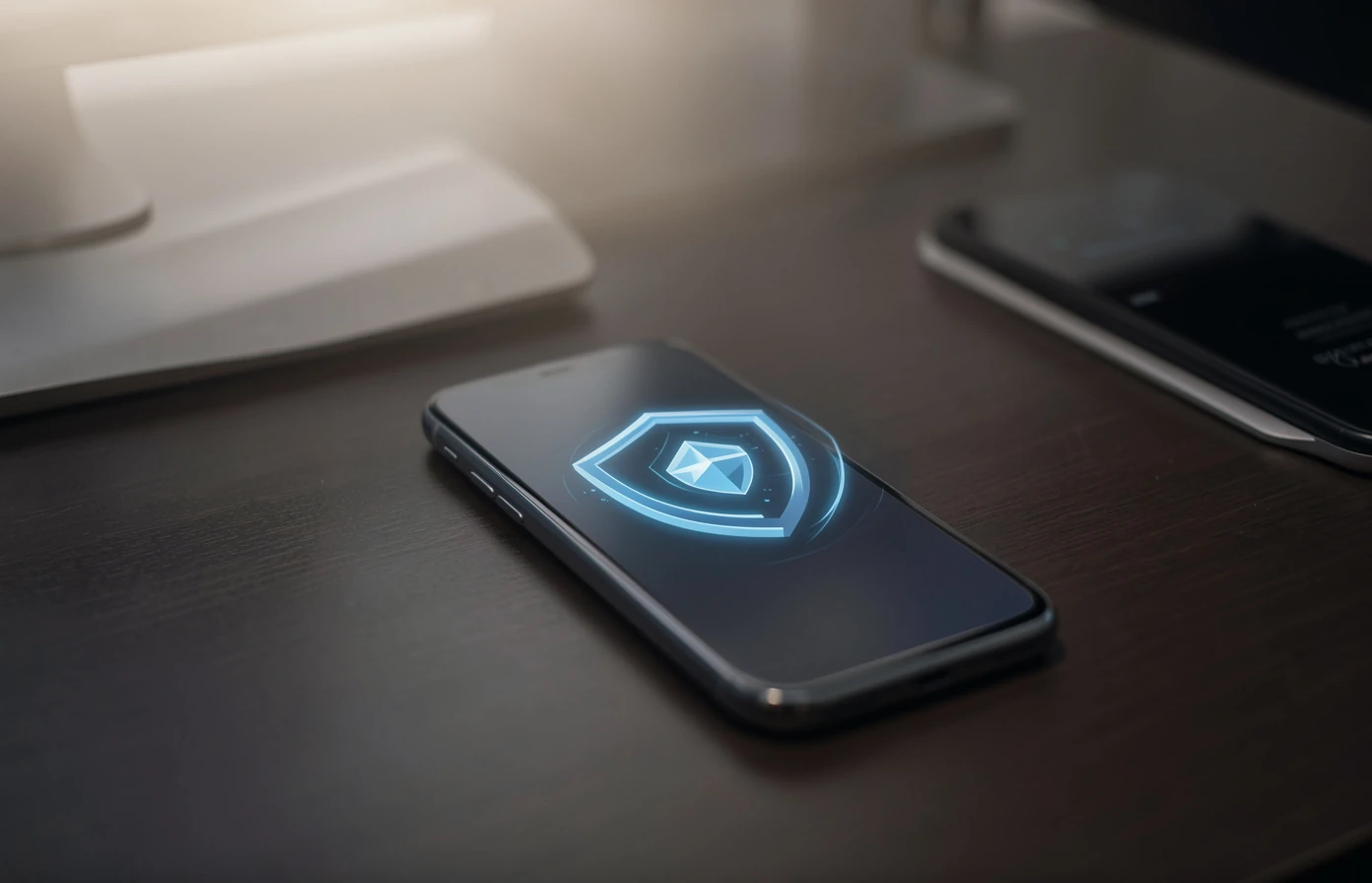 Refined workspace with phone and shield motif