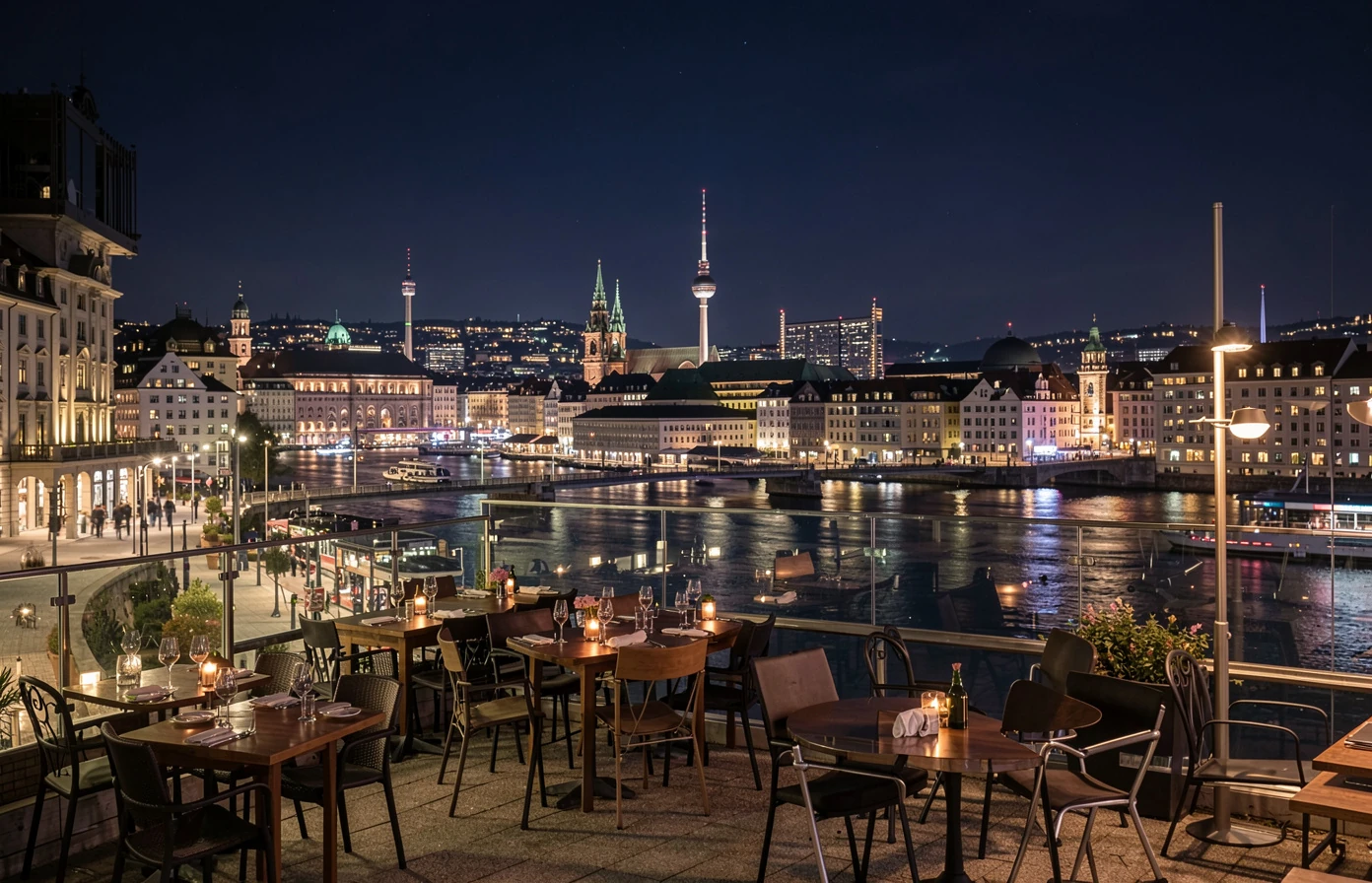 Nighttime Zurich skyline and premium terrace setting