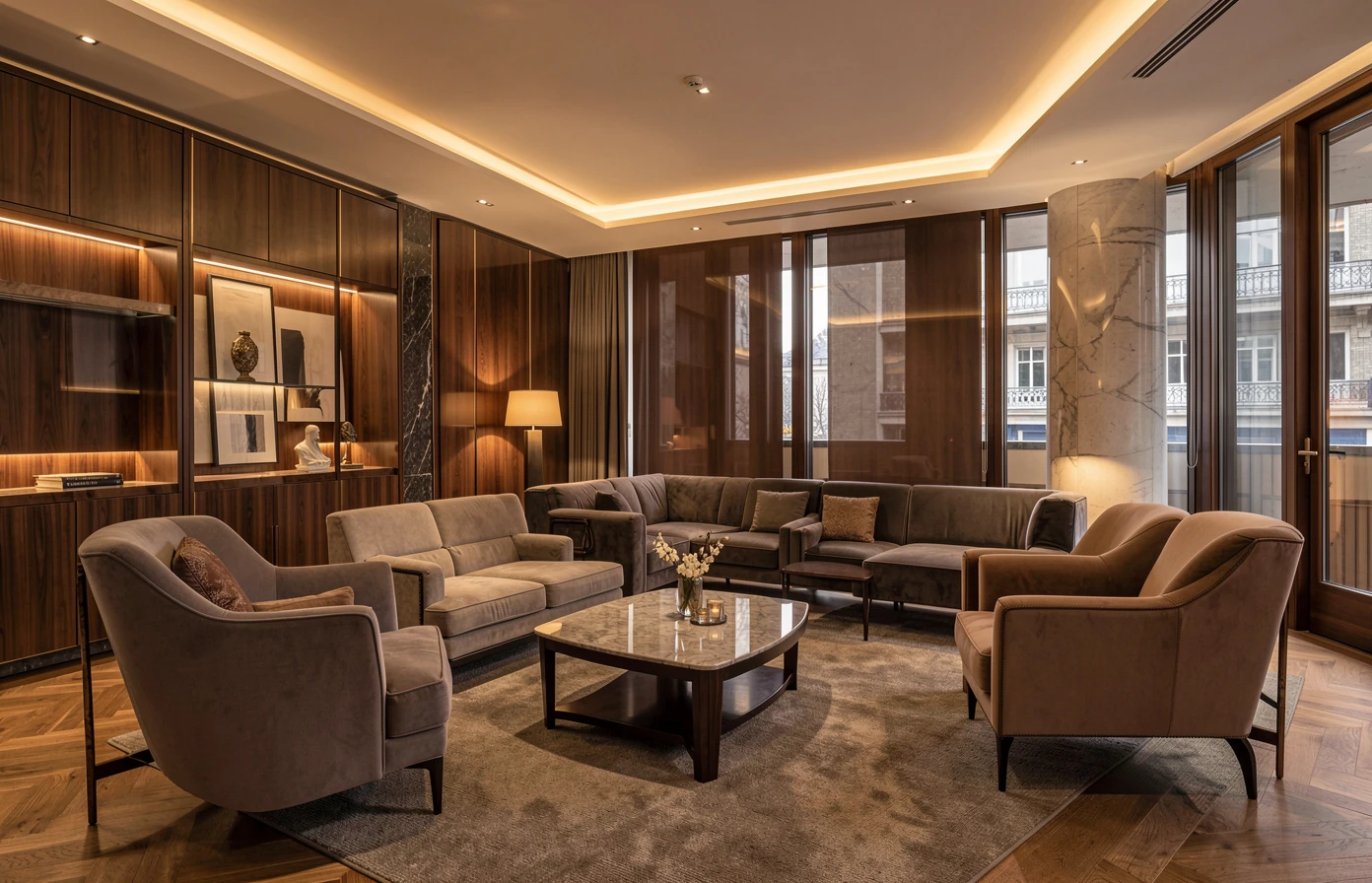 Warm Swiss office lounge with polished surfaces